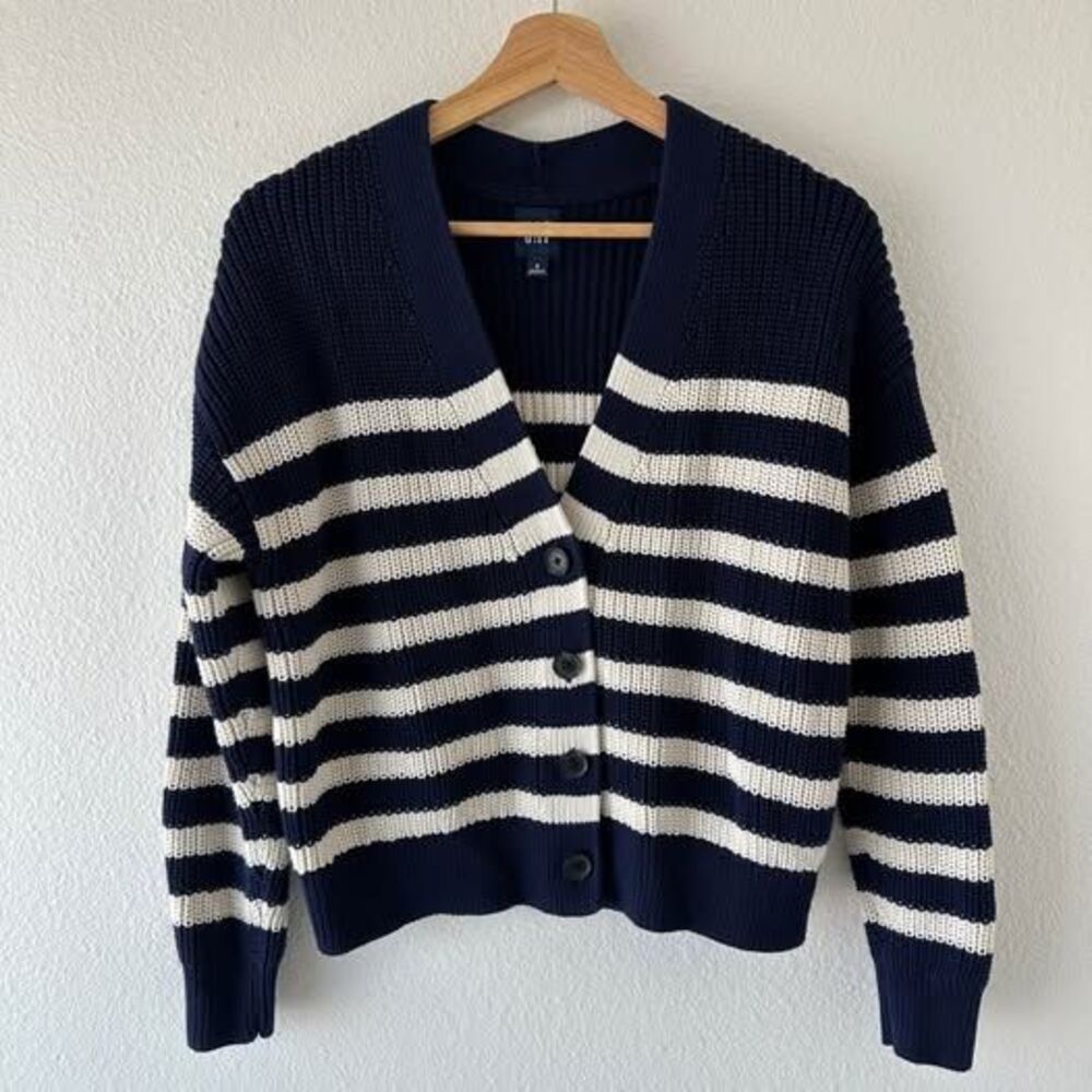 GAP Navy Cream Striped Chunky Knit Cardigan Women’s Small 100% Cotton